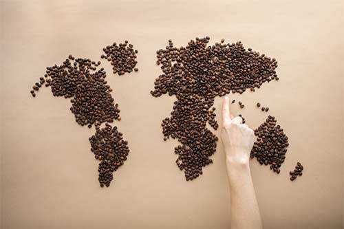 A map of the world drawn in coffee beans. This image sits at the top of Bean Merchant's blog on the origin of coffee beans